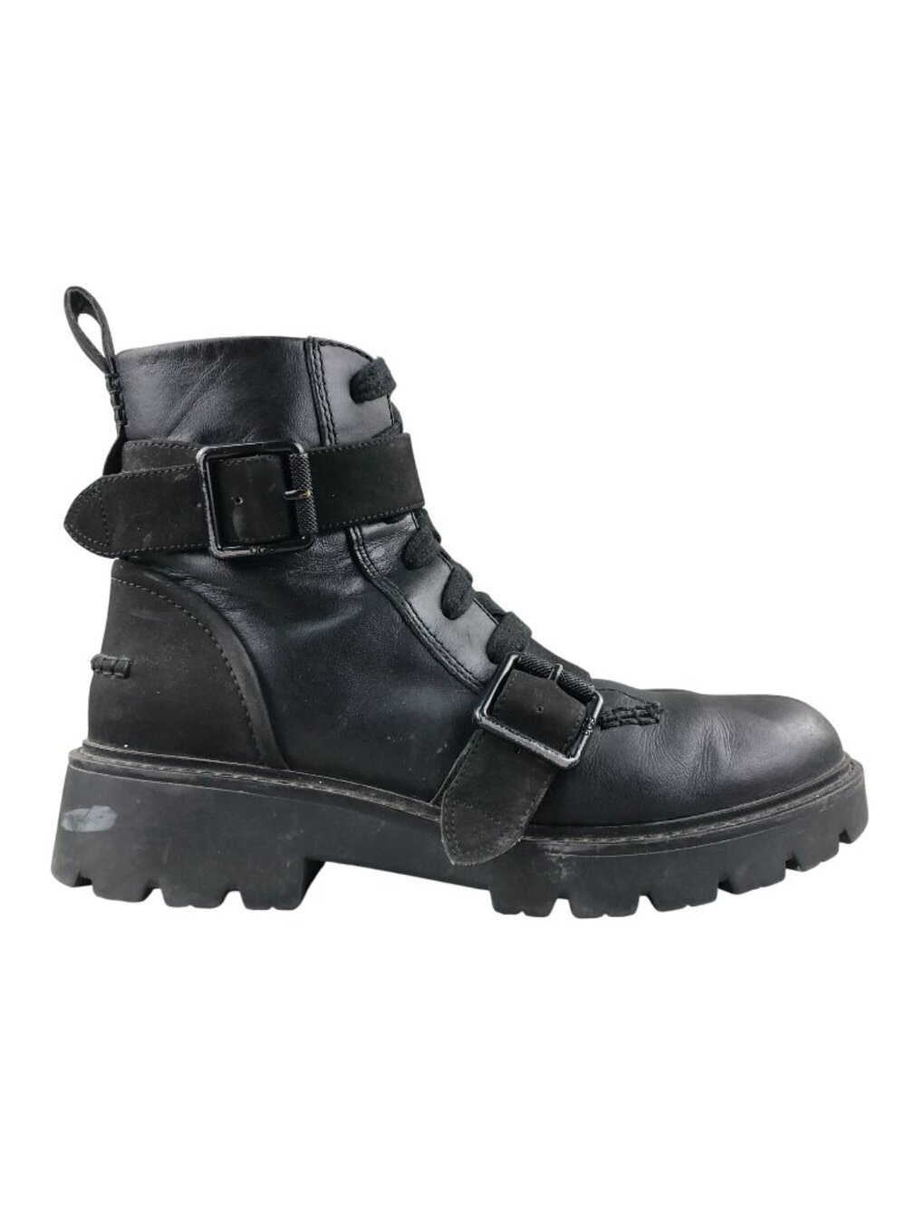 UGG Women's Size 8.5 Noe Black Leather Side Zip Dual Buckle Moto Combat Boots